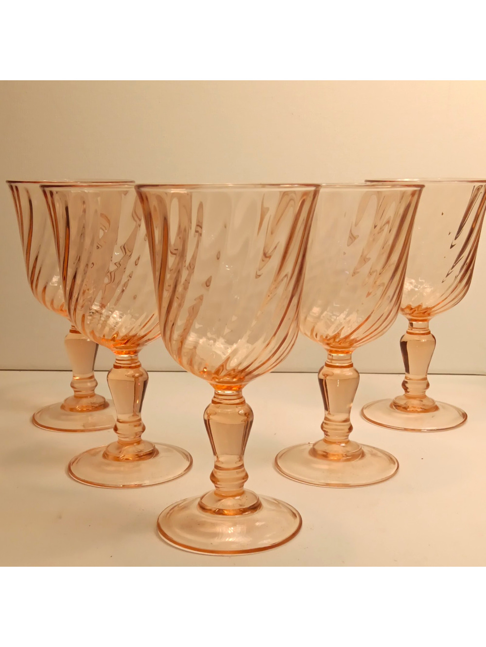 Vintage Pink Swirl Glass Stemmed Goblets Set of 5 6" 5-8 oz Marked France